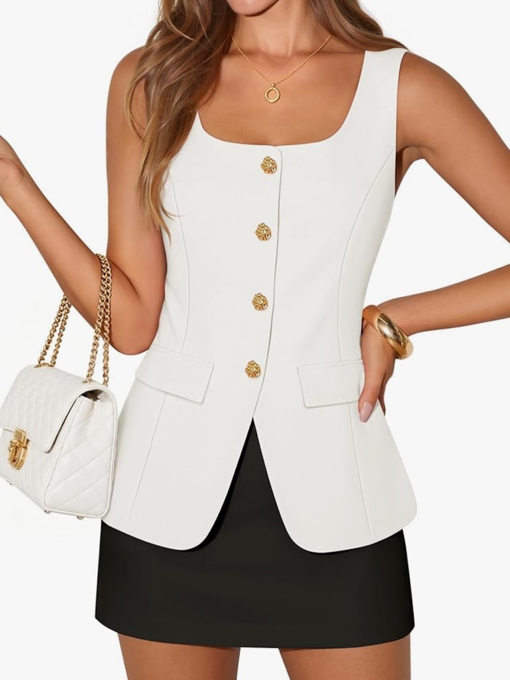 White Sleeveless Button-Front Peplum Top with Gold Buttons